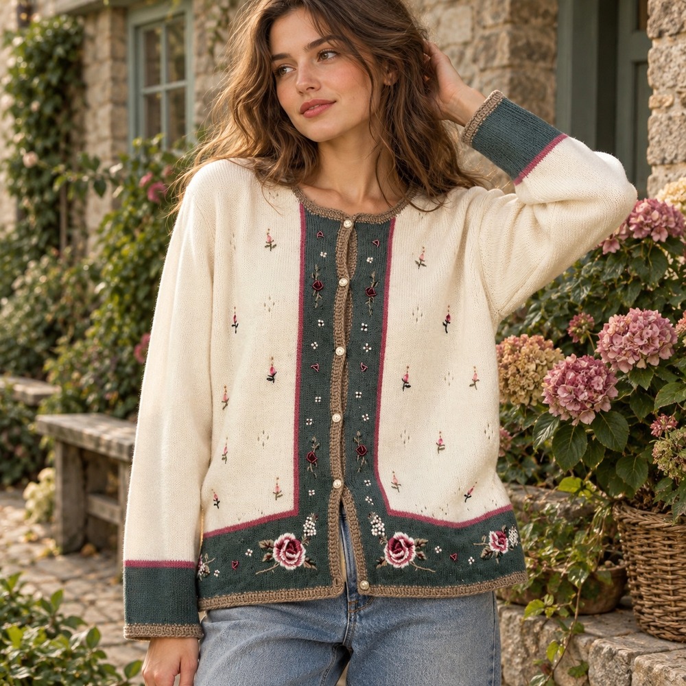 Vintage Cottage Floral Embroidered Cardigan Sweater Sz XL Ivory Grandmacore